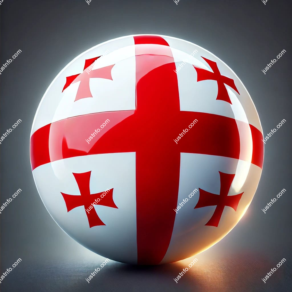 صورة لعلم جورجيا مرسوم بشكل كروي يظهر الصليب الأحمر وخمسة صلبان صغيرة على خلفية بيضاء بشكل أنيق