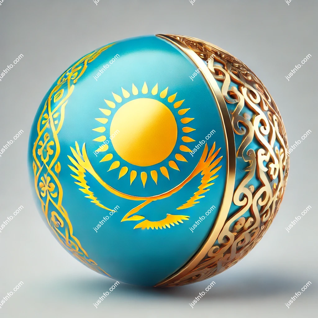 علم كازاخستان يتكون من لونين رئيسيين هما الأزرق الذهبي، مع وجود شمس مشرقة ونسور على الشكل الكروي، مما يعكس التراث الثقافي والطبيعي الغني للدولة في وسط آسيا.