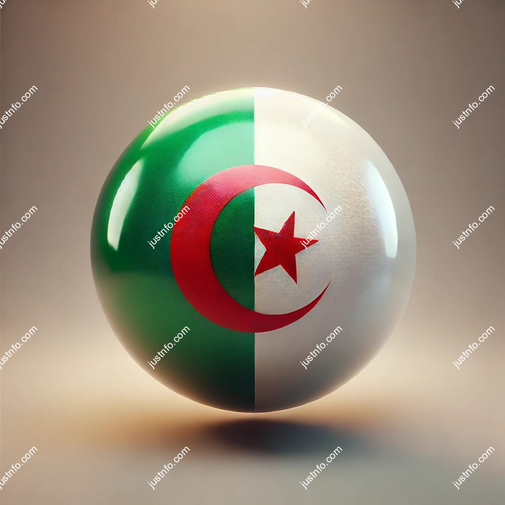 عرض ثلاثي الأبعاد بتصميم كروي لعلم الجزائر يبرز التفاصيل والألوان الوطنية بدقة ووضوح
