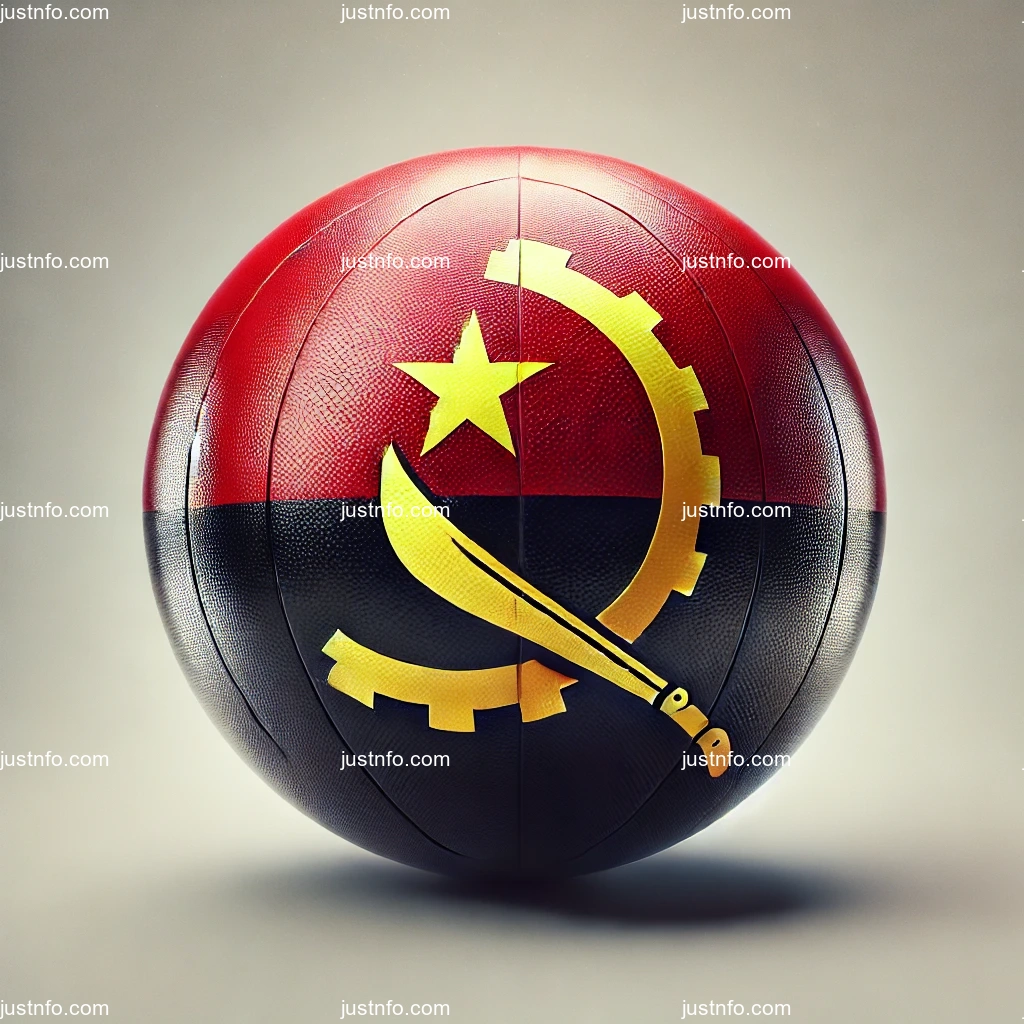 عرض ثلاثي الأبعاد بتصميم كروي لعلم أنغولا يبرز التفاصيل والألوان الوطنية بدقة ووضوح