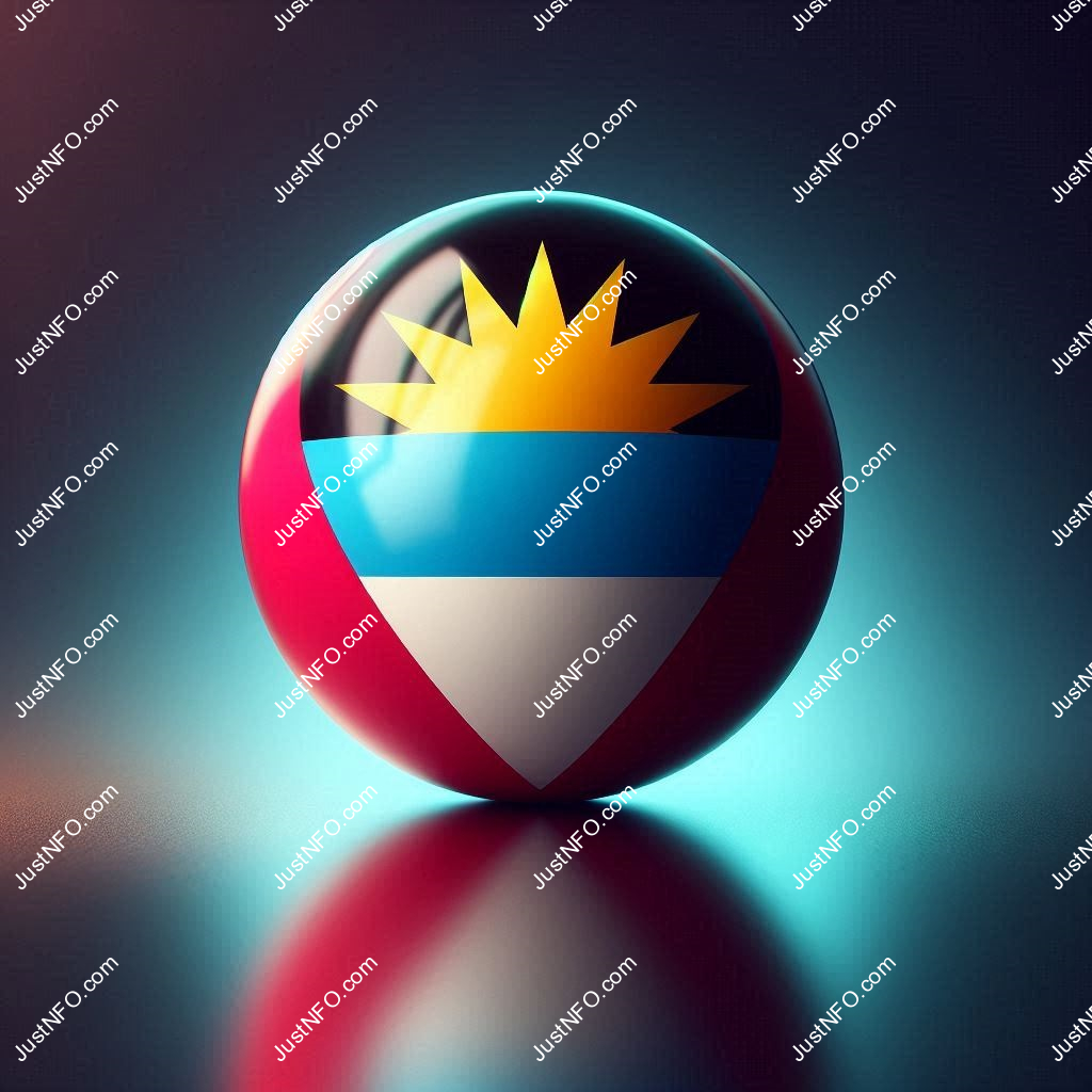 عرض ثلاثي الأبعاد بتصميم كروي لعلم أنتيغوا وباربودا يبرز التفاصيل والألوان الوطنية بدقة ووضوح
