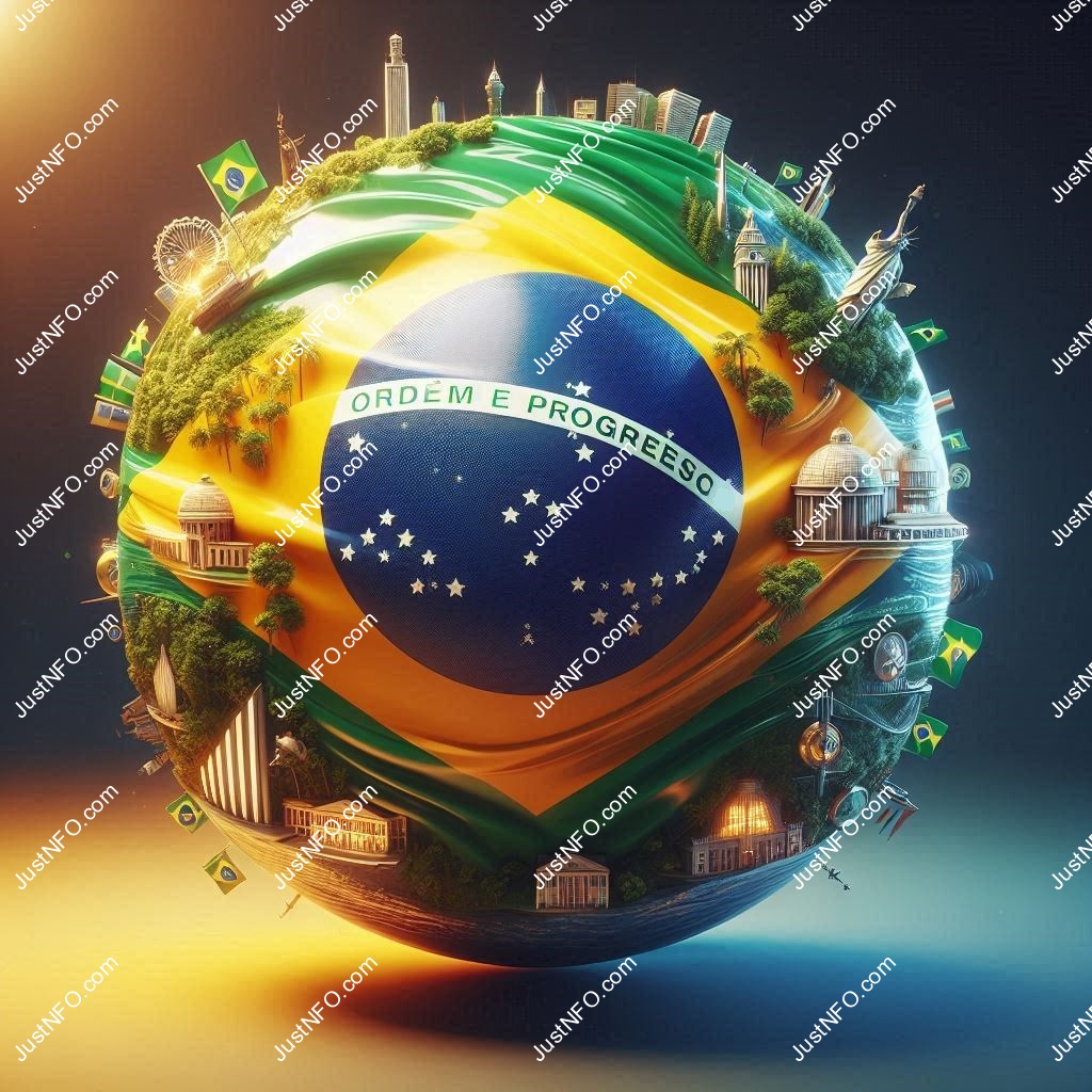عرض ثلاثي الأبعاد بتصميم كروي لعلم البرازيل يبرز التفاصيل والألوان الوطنية بدقة ووضوح