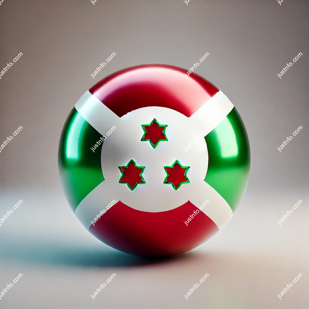 عرض ثلاثي الأبعاد بتصميم كروي لعلم بوروندي يبرز التفاصيل والألوان الوطنية بدقة ووضوح