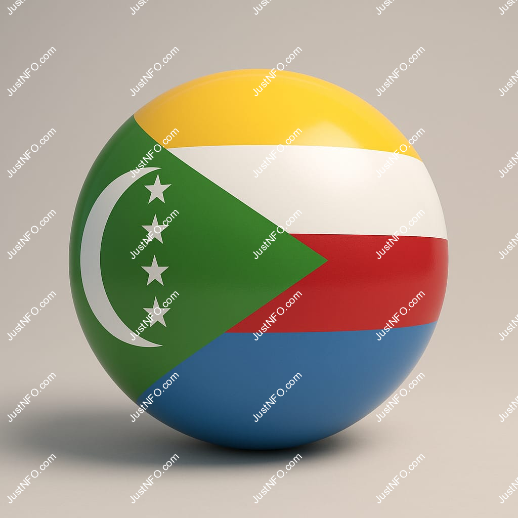 عرض ثلاثي الأبعاد بتصميم كروي لعلم جزر القمر يبرز التفاصيل والألوان الوطنية بدقة ووضوح