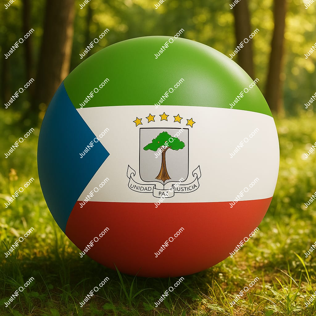 عرض ثلاثي الأبعاد بتصميم كروي لعلم غينيا الاستوائية يبرز التفاصيل والألوان الوطنية بدقة ووضوح