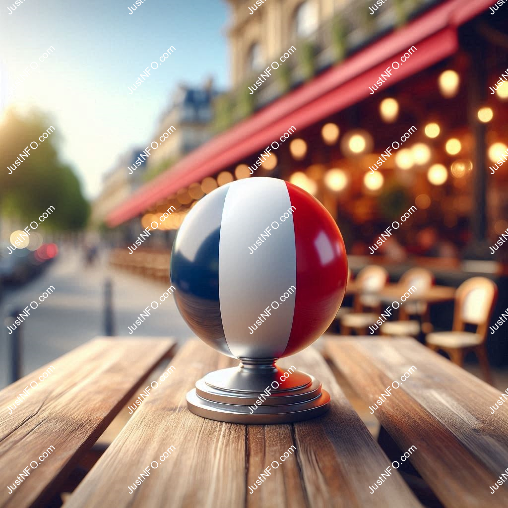 عرض ثلاثي الأبعاد بتصميم كروي لعلم فرنسا يبرز التفاصيل والألوان الوطنية بدقة ووضوح