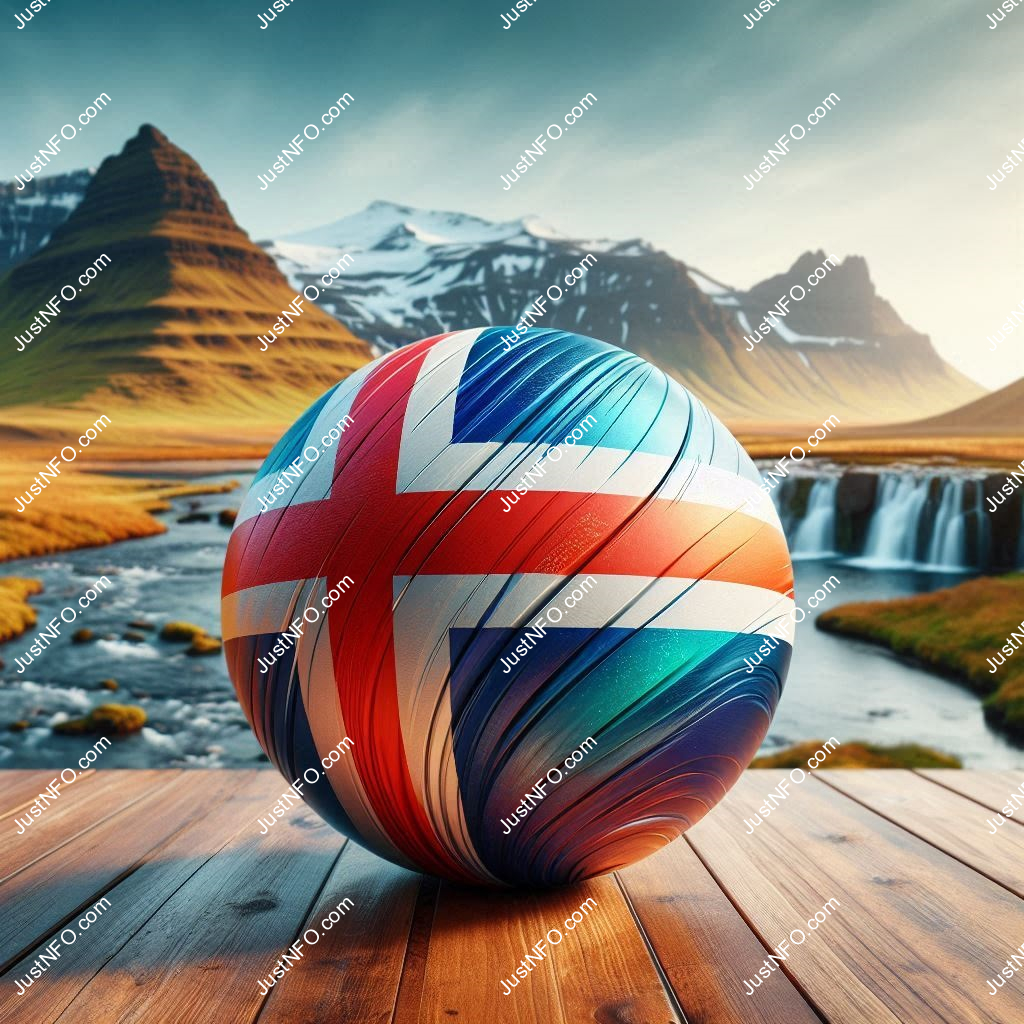 عرض ثلاثي الأبعاد بتصميم كروي لعلم آيسلندا يبرز التفاصيل والألوان الوطنية بدقة ووضوح