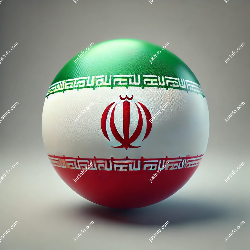 عرض ثلاثي الأبعاد بتصميم كروي لعلم إيران يبرز التفاصيل والألوان الوطنية بدقة ووضوح