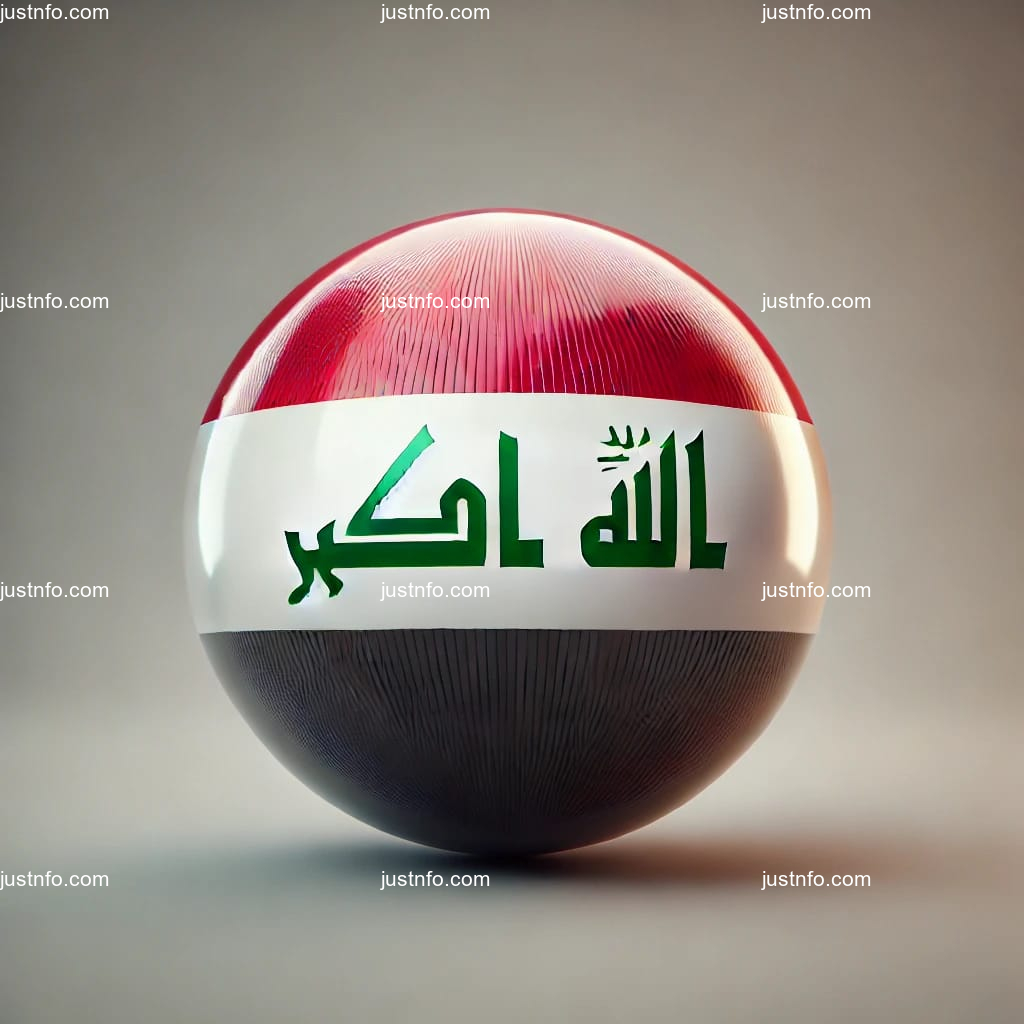 عرض ثلاثي الأبعاد بتصميم كروي لعلم العراق يبرز التفاصيل والألوان الوطنية بدقة ووضوح