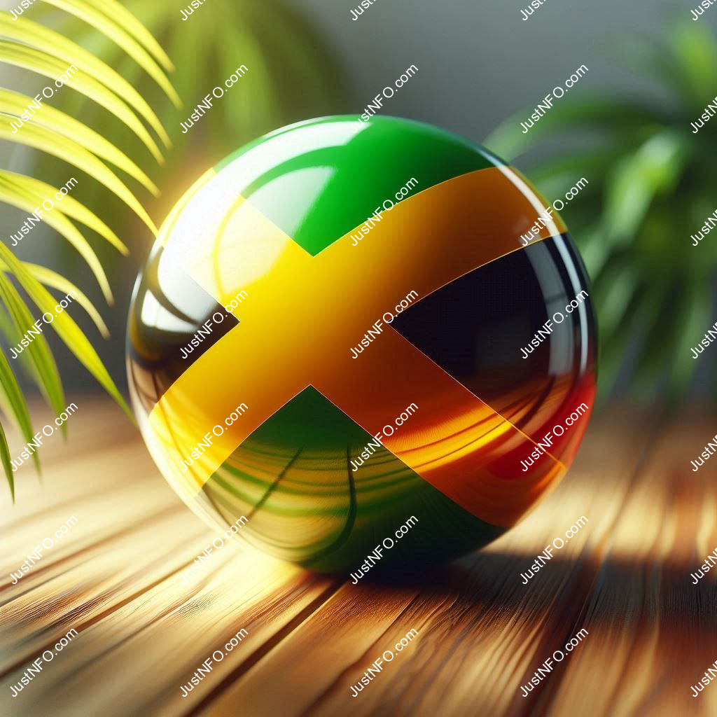 عرض ثلاثي الأبعاد بتصميم كروي لعلم جامايكا يبرز التفاصيل والألوان الوطنية بدقة ووضوح