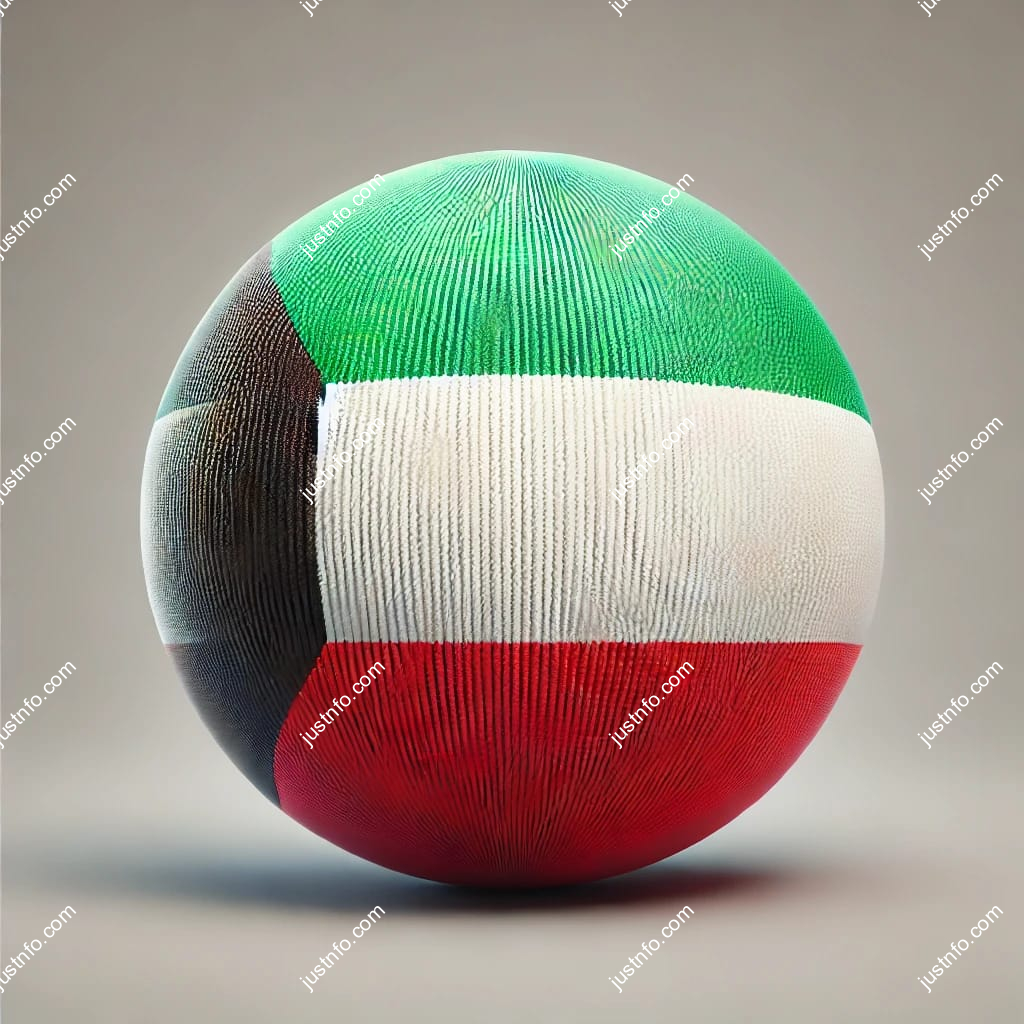عرض ثلاثي الأبعاد بتصميم كروي لعلم الكويت يبرز التفاصيل والألوان الوطنية بدقة ووضوح