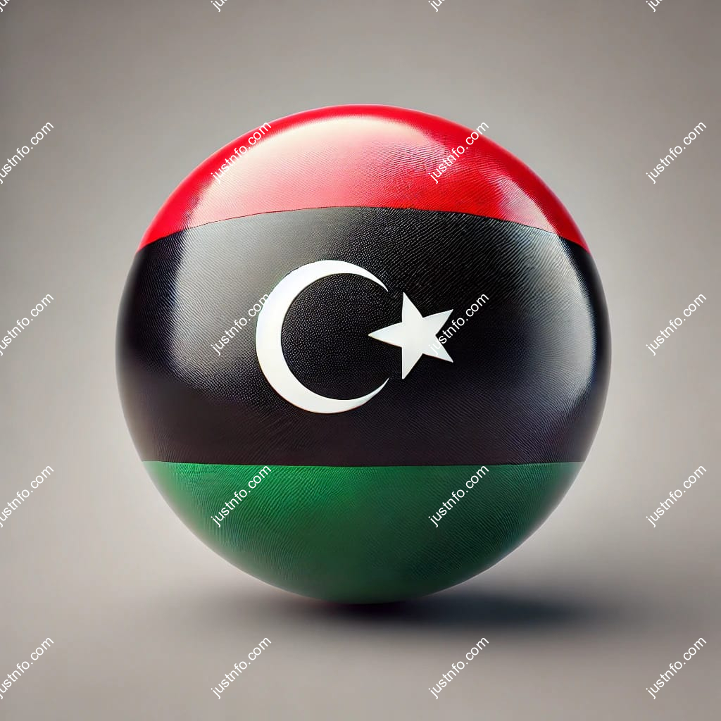 عرض ثلاثي الأبعاد بتصميم كروي لعلم ليبيا يبرز التفاصيل والألوان الوطنية بدقة ووضوح