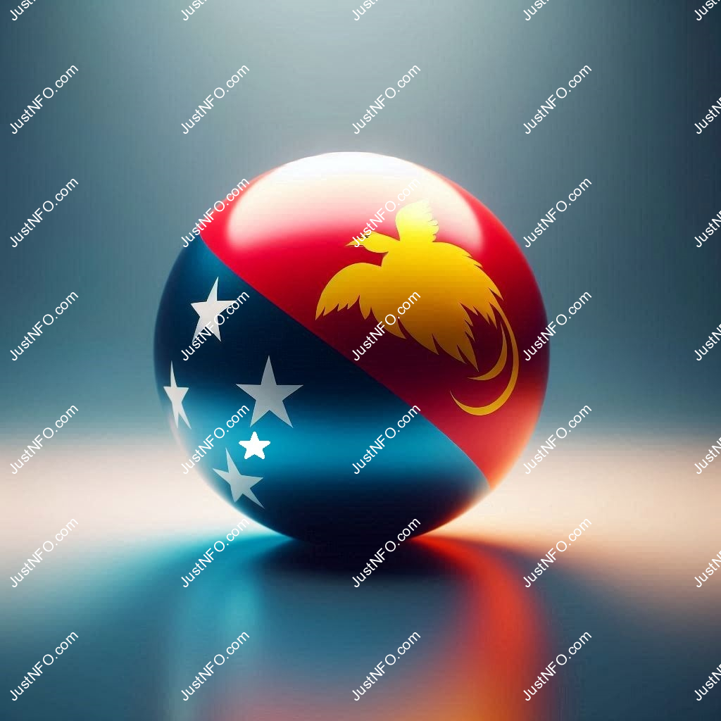 عرض ثلاثي الأبعاد بتصميم كروي لعلم بابوا غينيا الجديدة يبرز التفاصيل والألوان الوطنية بدقة ووضوح