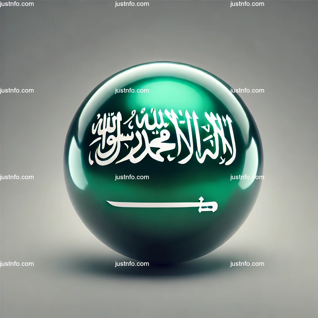 عرض ثلاثي الأبعاد بتصميم كروي لعلم المملكة العربية السعودية يبرز التفاصيل والألوان الوطنية بدقة ووضوح