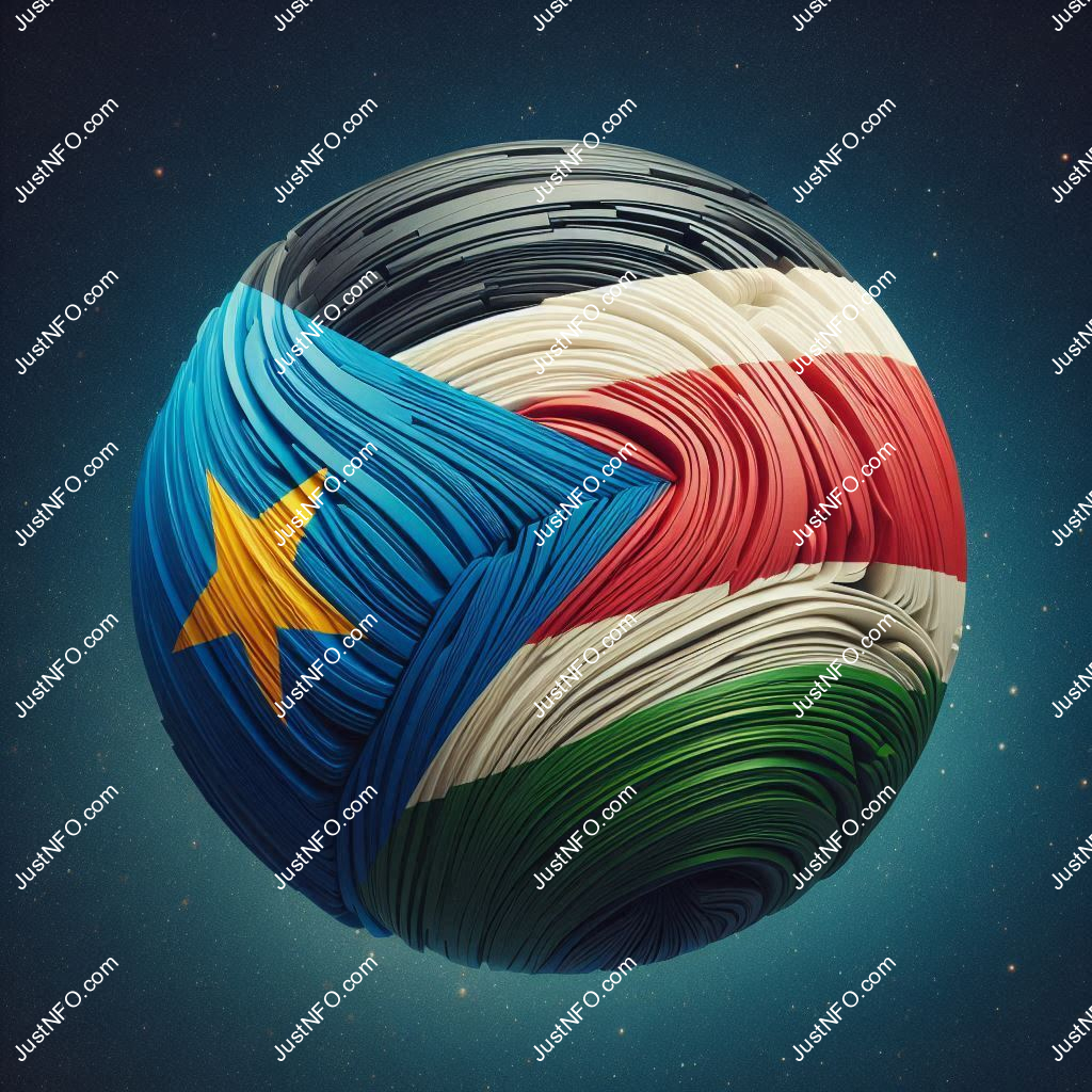 عرض ثلاثي الأبعاد بتصميم كروي لعلم جنوب السودان يبرز التفاصيل والألوان الوطنية بدقة ووضوح