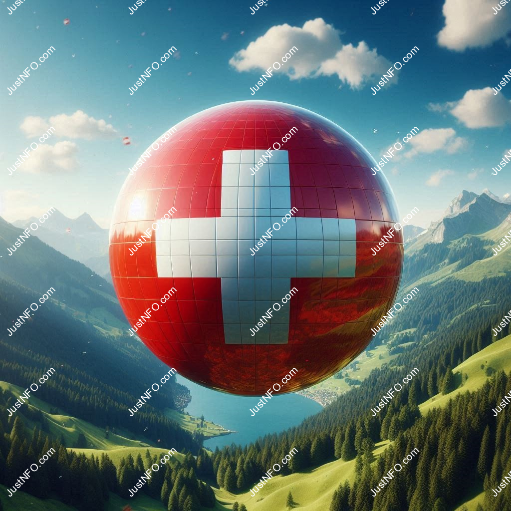 عرض ثلاثي الأبعاد بتصميم كروي لعلم سويسرا يبرز التفاصيل والألوان الوطنية بدقة ووضوح