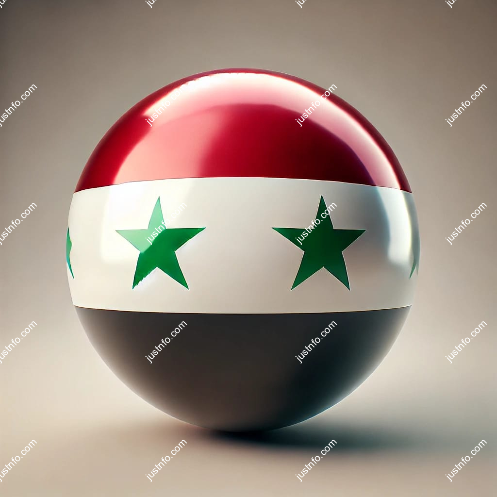عرض ثلاثي الأبعاد بتصميم كروي لعلم سوريا يبرز التفاصيل والألوان الوطنية بدقة ووضوح