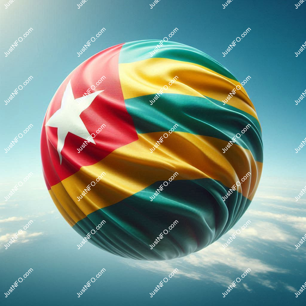 عرض ثلاثي الأبعاد بتصميم كروي لعلم توغو يبرز التفاصيل والألوان الوطنية بدقة ووضوح