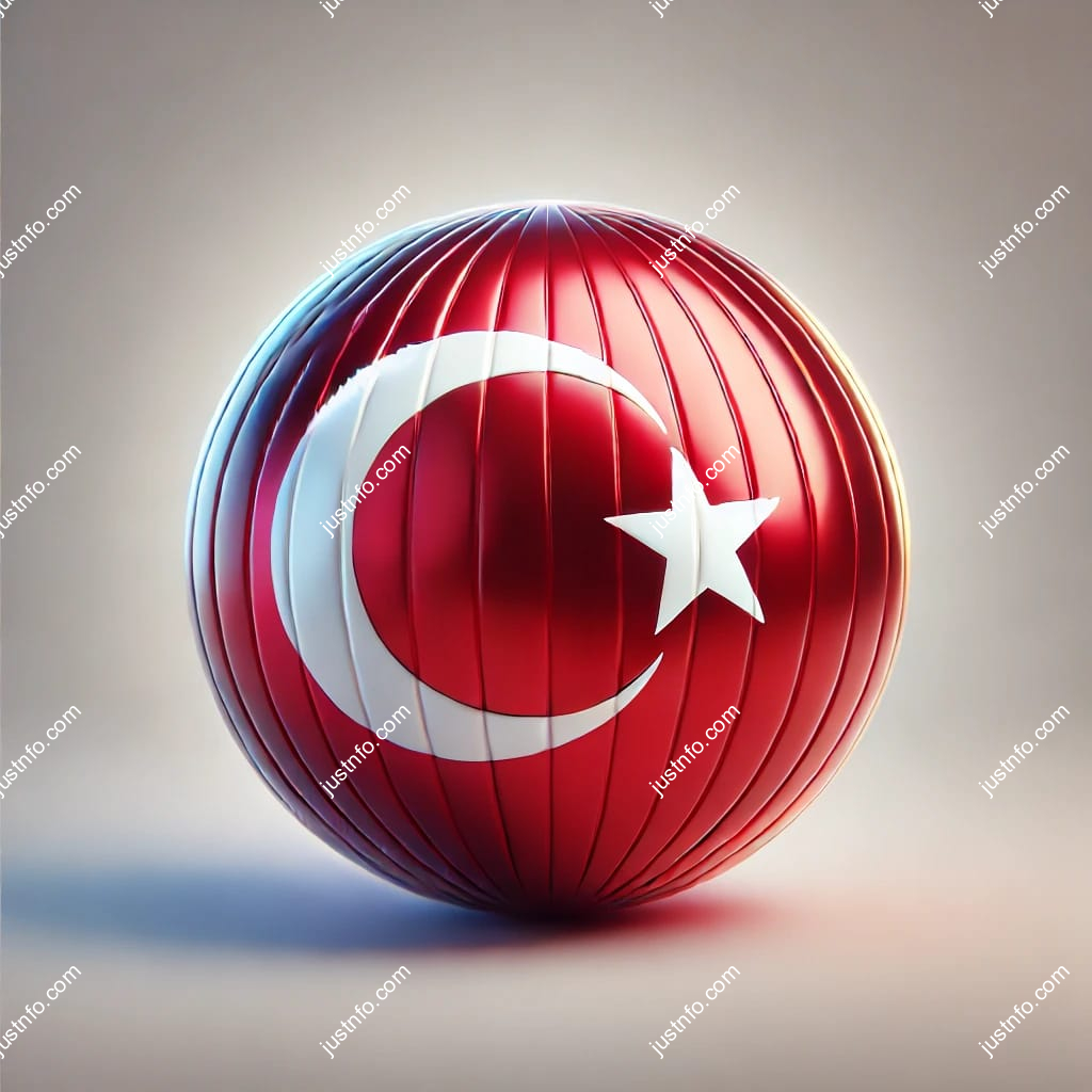 عرض ثلاثي الأبعاد بتصميم كروي لعلم تركيا يبرز التفاصيل والألوان الوطنية بدقة ووضوح