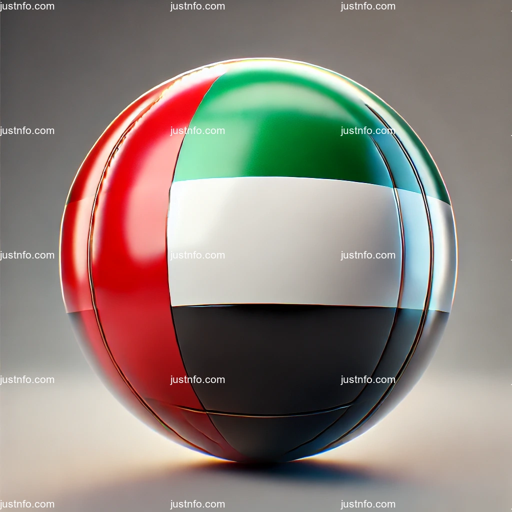 عرض ثلاثي الأبعاد بتصميم كروي لعلم الإمارات العربية المتحدة يبرز التفاصيل والألوان الوطنية بدقة ووضوح