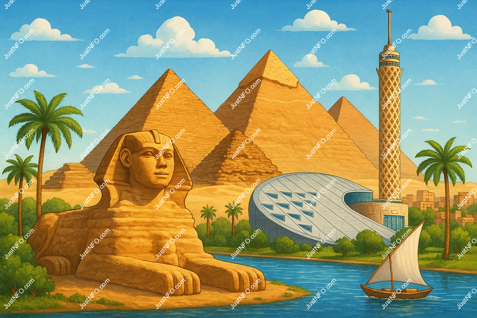 رسم تعبيري ملون يجمع بين الأهرامات وأبو الهول وبرج القاهرة ومكتبة الإسكندرية على ضفاف نهر النيل في مشهد فني يمثل حضارة مصر.